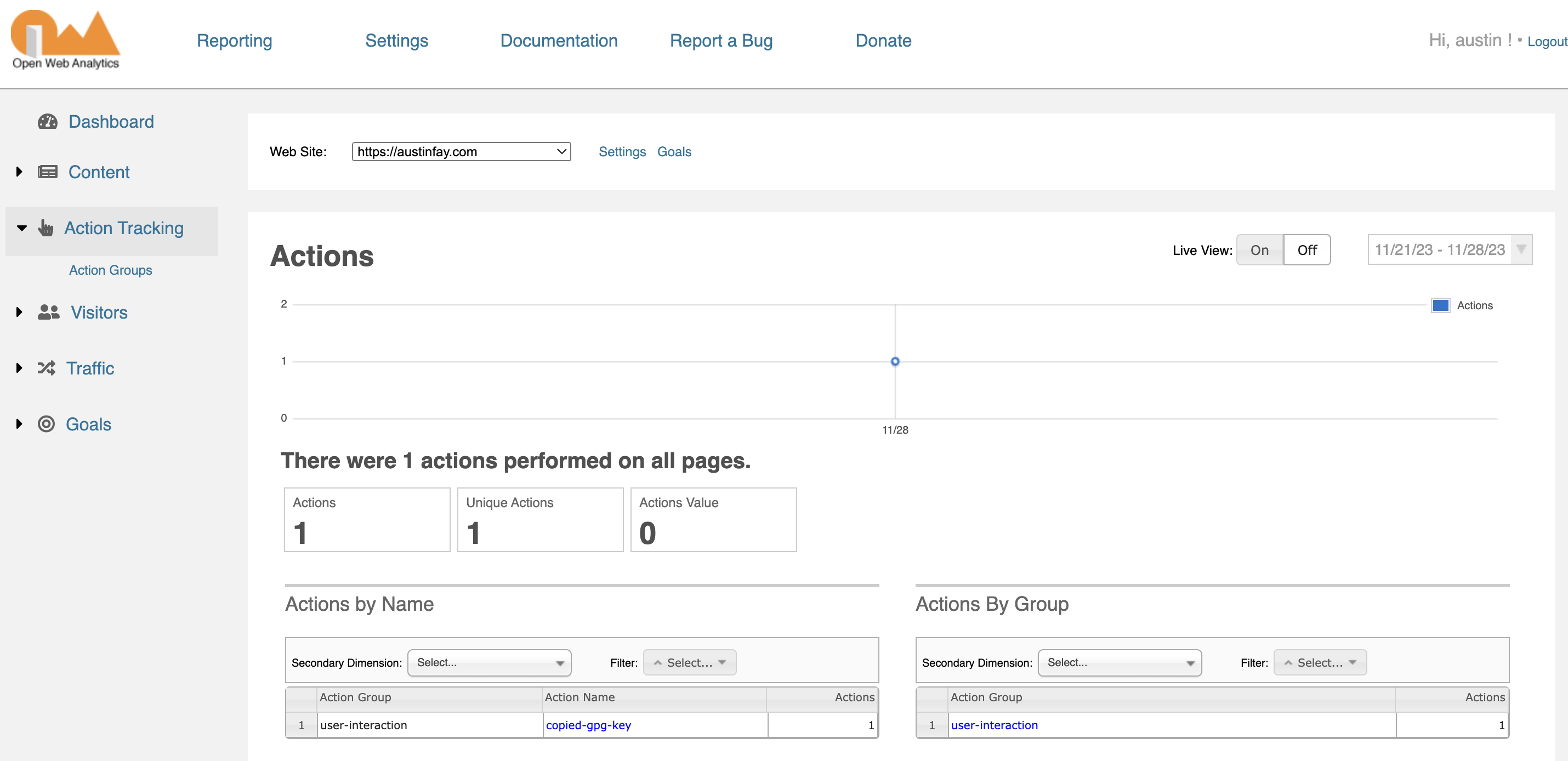 OWA Actions in the Dashboard